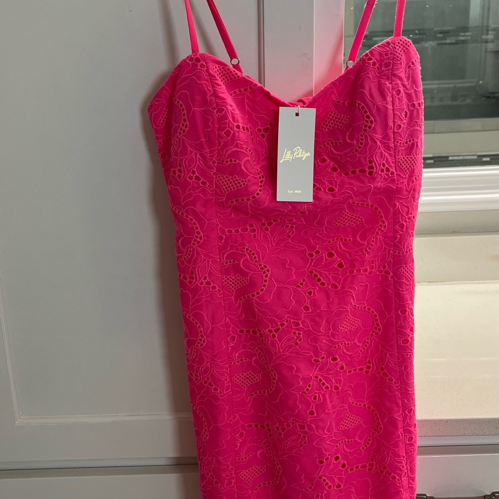 LILLY PULITZER SHELLI HOT PINK EYELET MINI DRESS $208 new with tag - Picture 5 of 10